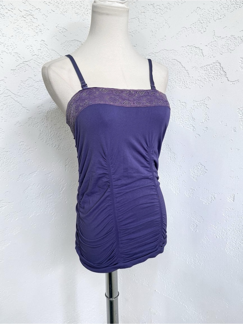 Y2K Purple Ruched Lace Trim Cami Tank Top | Adjustable Straps | Stretch